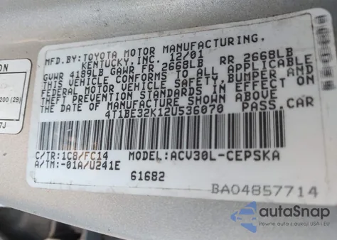 2002 Toyota Camry Se from USA, damaged, VIN 4T1BE32K12U536070